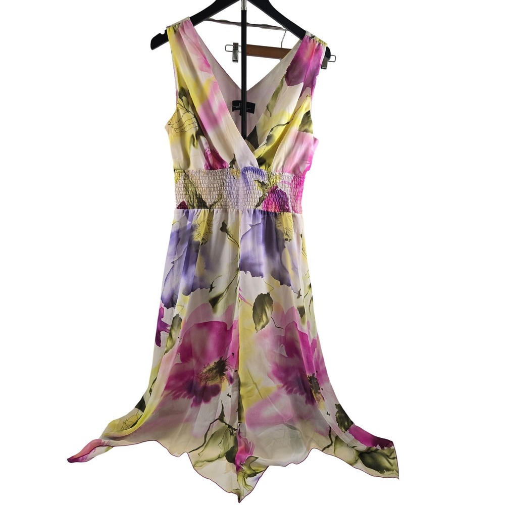 Floral‎ Watercolor V-Neck Smocked Waist Handkerchief Hem Midi Dress Purple Pink